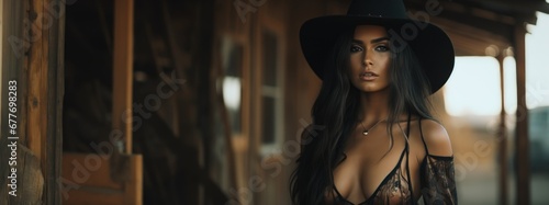 A Sexy Beautiful Badass Latina Cowgirl wearing Lingerwear - Amazing Cowgirl Background - Clothes are in the Raw, Tough and Grunge Style - Latina Cowgirl Wallpaper created with Generative AI Technology