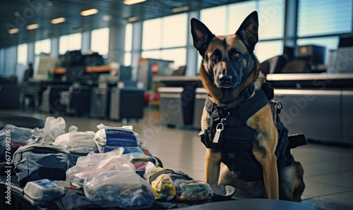 chien policier de la douane qui flaire de la drogue dans les bagages à l'aéroport photo