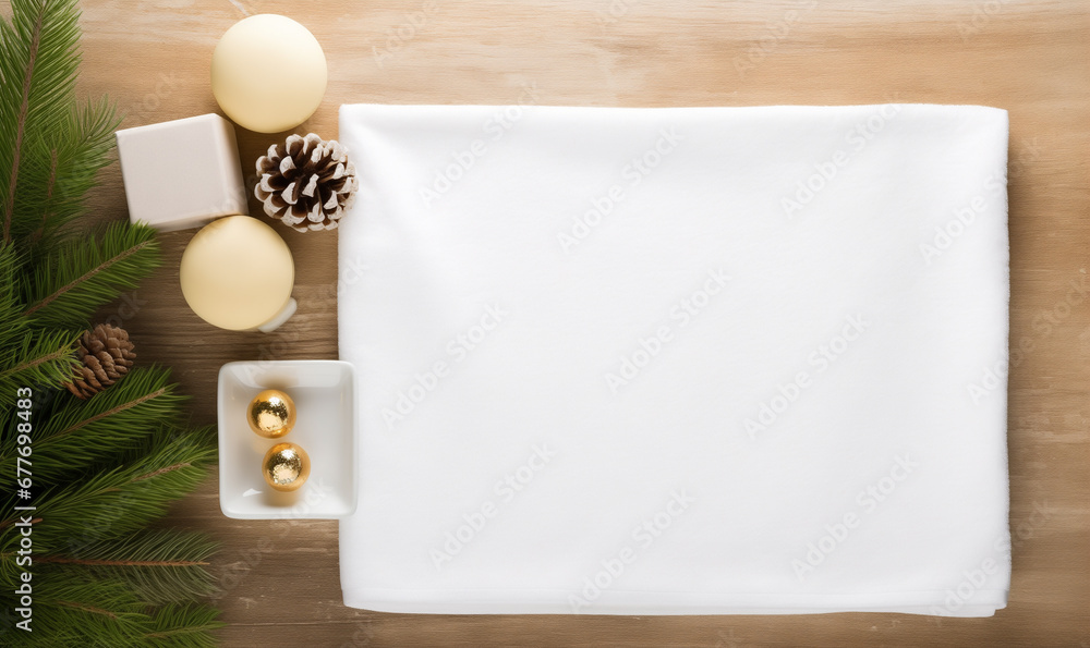 Empty template with set of towels and candles near Christmas tree with copyspace Empty template with set of towels and candles near Christmas tree with copyspace