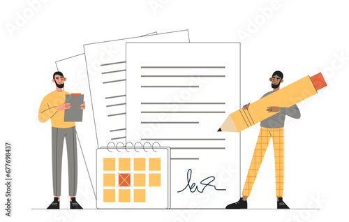 Sales contract concept. Men with documents. Agreement and deal. Businessman and investor. Collaboration and cooperation. Cartoon flat vector illustration isolated on white background