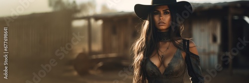 A Sexy Beautiful Badass Latina Cowgirl wearing Lingerwear - Amazing Cowgirl Background - Clothes are in the Raw, Tough and Grunge Style - Latina Cowgirl Wallpaper created with Generative AI Technology © Sentoriak