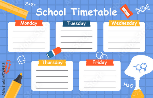 School timetable concept. Time management and organixation of efficient study process. Education, learning and training. List of lessons for schoolers. Cartoon flat vector illustration