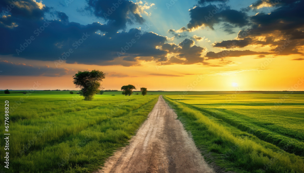 Dirt straight flat road passing through a beautiful field at dusk. Dirt straight flat road passing through a beautiful field at dusk.