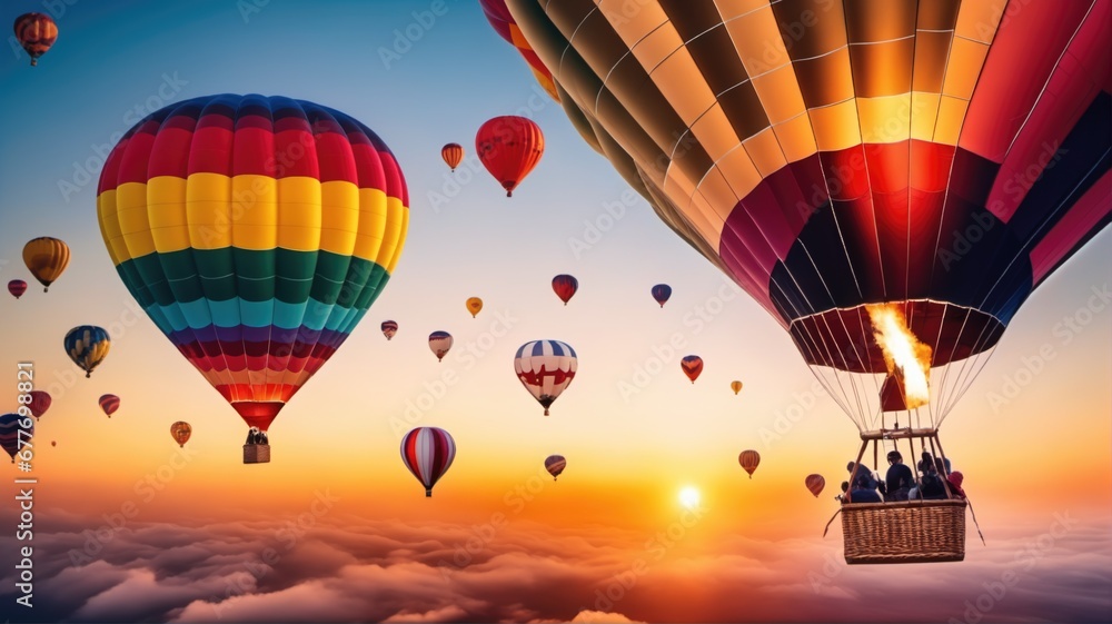 Fototapeta premium Colorful Hot Air Balloons in Flight. An exhilarating adventure as vibrant hot air balloons soar high in the sky, perfect for travel and transportation themes..
