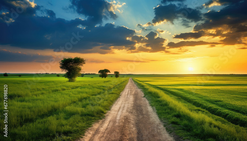 Dirt straight flat road passing through a beautiful field at dusk.