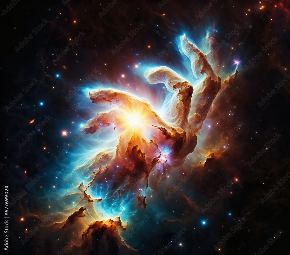 Celestial hand reaching for a supernova in the cosmic expanse.