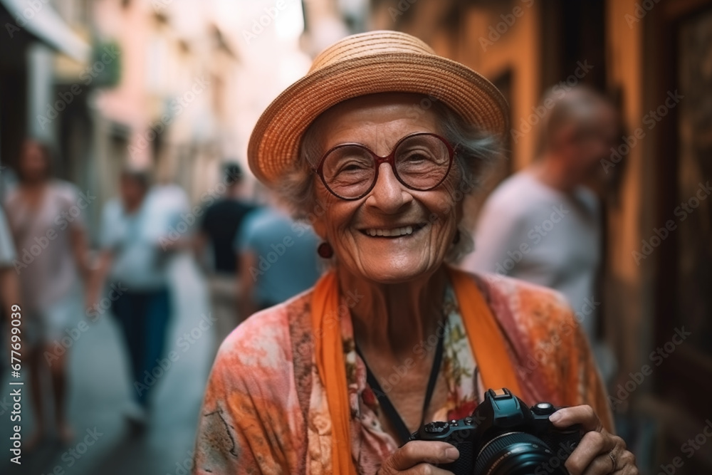 Elderly woman with cheerful smile. Grandmother in glasses. Grandma in fashionable clothes on vacation. Cheerful retired Grandmother in bright clothes. Old woman with face smile. Happy pensioner famale
