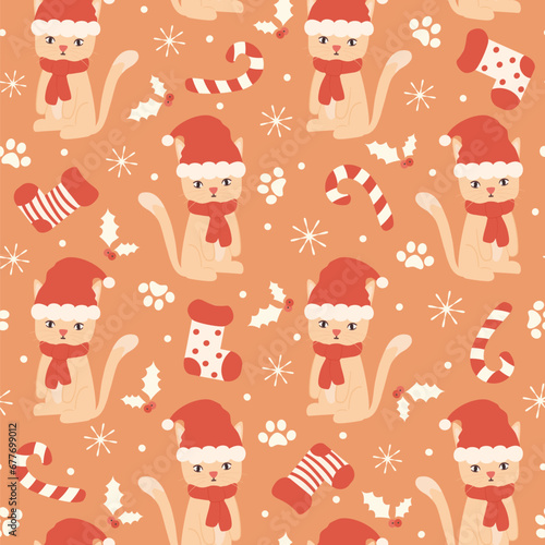 Cute winter holidays seamless vector pattern background illustration with cat with santa claus hat, socks, mistletoe and other christmas elements