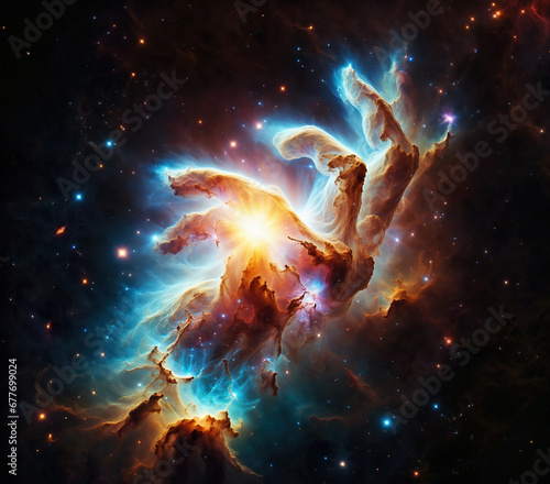 Celestial hand reaching for a supernova in the cosmic expanse.