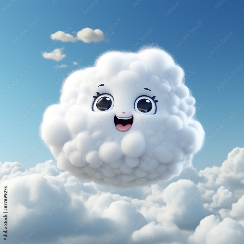 Happy cloud with eyes and mouth on blue sky background 3d rendering, Ai Generated