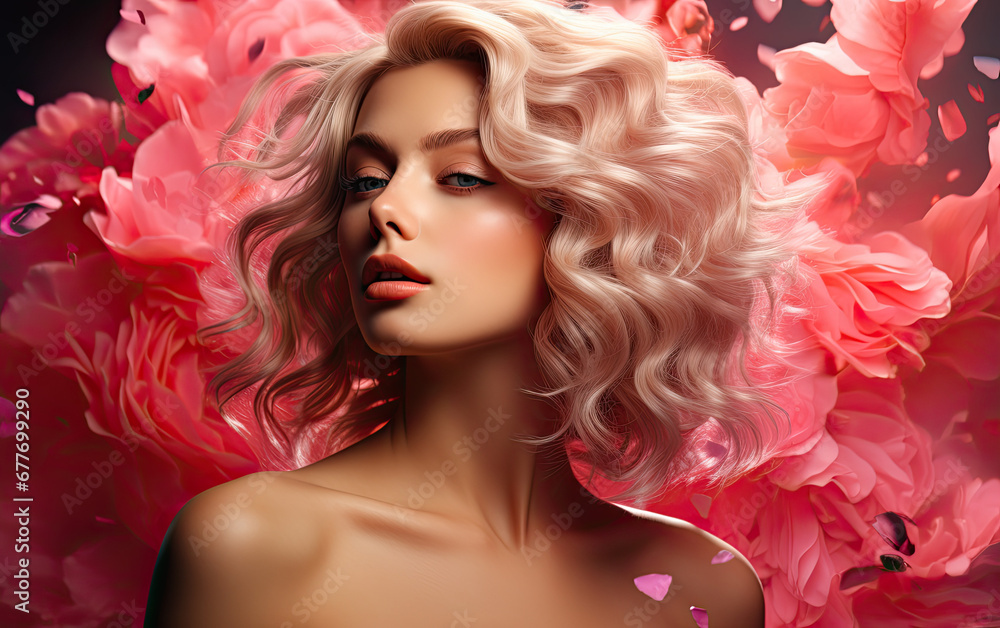 Woman on pink  glitter background, Girl with curly lush hair, concept advertising a product. 