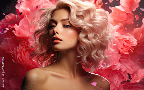 Woman on pink  glitter background  Girl with curly lush hair  concept advertising a product. 