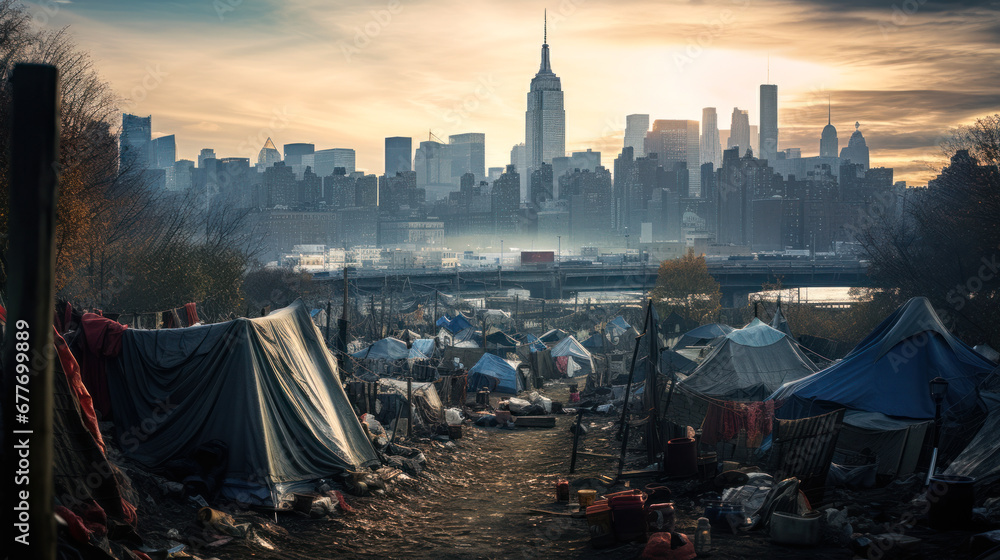 refugee camp shelter for homeless in front of New York City Skyline - obrazy, fototapety, plakaty 