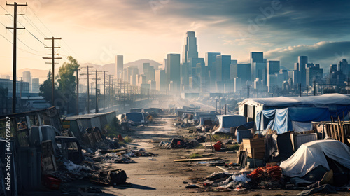 refugee camp shelter for homeless in front of Los Angeles City Skyline photo