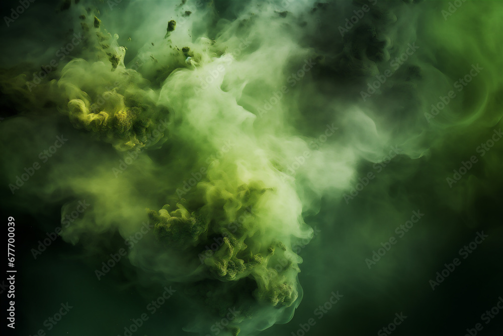 abstract background with green smoke and splashes of powder. explosion of green powder