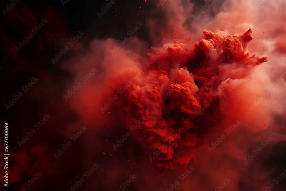 abstract background with red smoke and splashes of powder. explosion of red powder