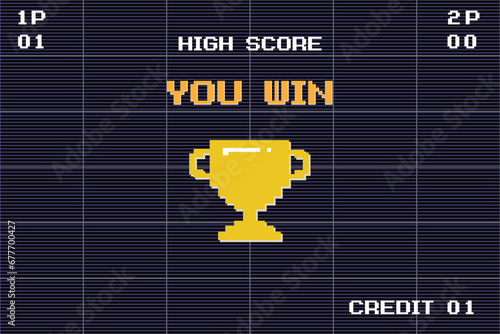 Pixel art 8-bit "You Win" text with one big winner golden cup. for game assets in vector illustrations.