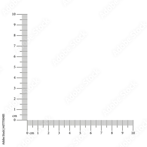 Corner ruler 10 cm. Template with millimeters, centimeters and markup, numbers. Measuring tool. Vector graphic illustration.