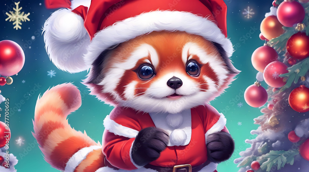 A cute red panda wears a Santa Claus costume on Christmas and has beautiful decorations. A cute red panda wears a Santa Claus costume on Christmas and has beautiful decorations.