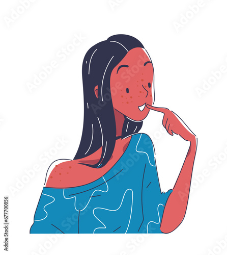 Smilling affected doodle person concept. Woman in blue sweater. Avatar for messengers and social networks. Poster or banner. Cartoon flat vector illustration isolated on white background