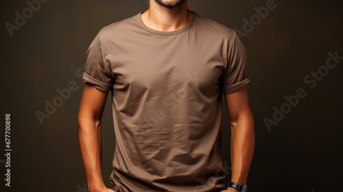 Mockup of a plain dark brown cotton t-shirt. T-shirt for design print. Basic collarless t-shirt template. Man with a plain t-shirt to place logos, brands or drawings. Front of shirt. Copy space.