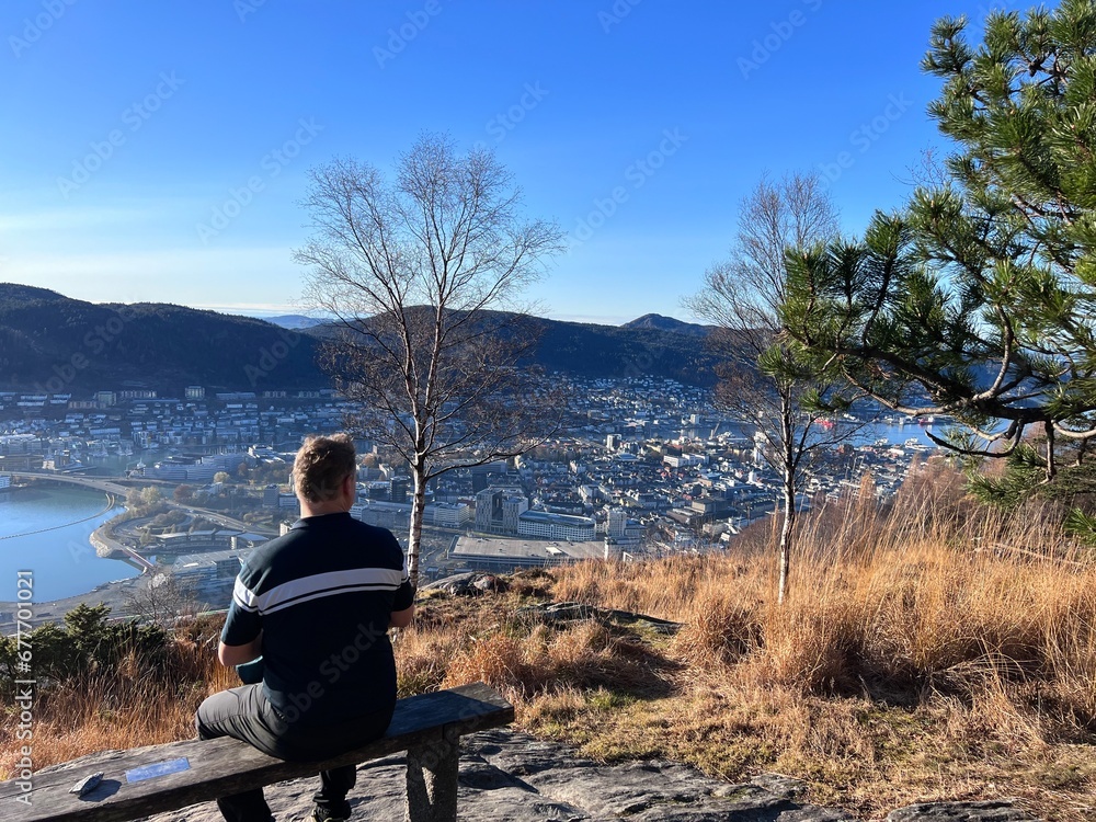 Hiking trial to mount Fløyen View over Bergen City Norway Hiking trial to mount Fløyen View over Bergen City Norway