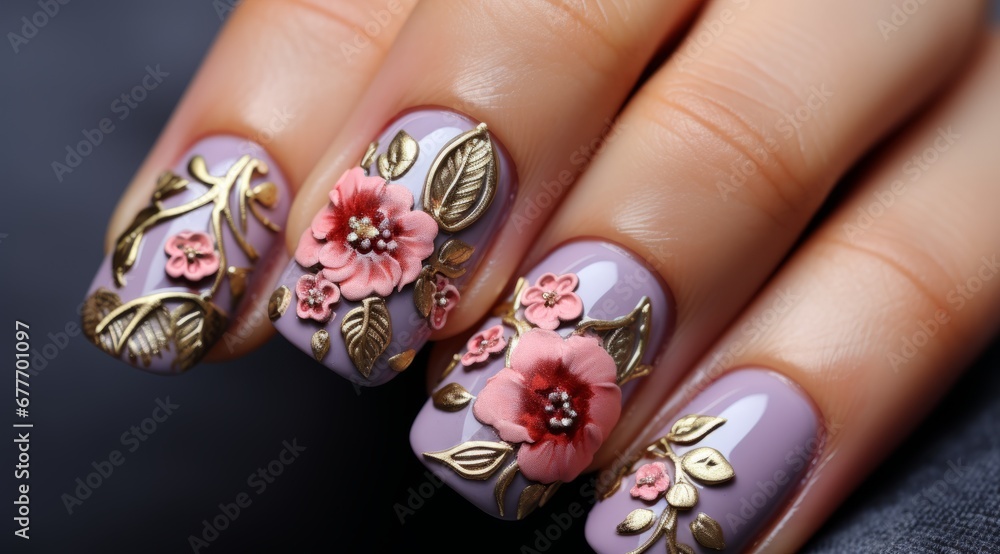 Closeup Woman hand with beautiful nail design. Female hand with stylish, creative and modern manicure. Women fingers with fashion manicure. Luxury manicure. Purple, lilac, lavender color nails. Closeup Woman hand with beautiful nail design. Female hand with stylish, creative and modern manicure. Women fingers with fashion manicure. Luxury manicure. Purple, lilac, lavender color nails.