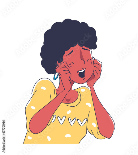 Smilling affected doodle person concept. Woman in yellow tshirt. Avatar for messengers and social networks. Casual clothes. Cartoon flat vector illustration isolated on white background