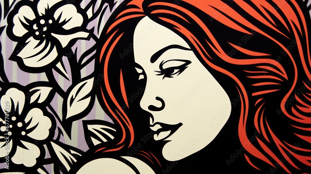 Illustration of a graphic expression from the profile of a beautiful woman with floral decorations