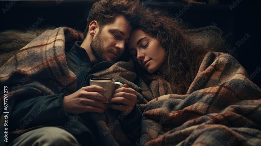 A couple sick with flu sitting close on sofa with mugs of tea wrapped in a warm blankets with eyes closed as hygge concept at pandemic - obrazy, fototapety, plakaty 