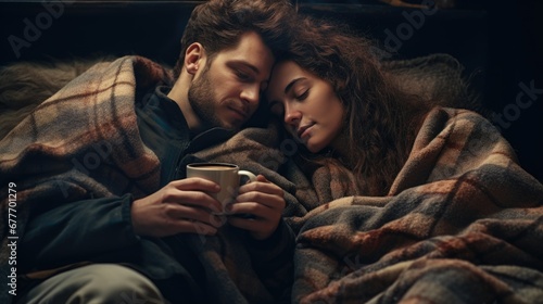 A couple sick with flu sitting close on sofa with mugs of tea wrapped in a warm blankets with eyes closed as hygge concept at pandemic photo