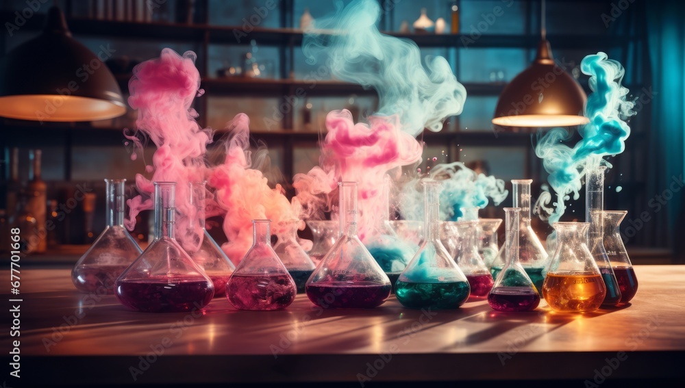 A Table of Chemistry Flasks Filled with Colourful Bubbling Liquids. A Spectrum of Colors in a Row of Test Tubes. A Rainbow of Colourful Chemical Solutions in Glass Flasks A Table of Chemistry Flasks Filled with Colourful Bubbling Liquids. A Spectrum of Colors in a Row of Test Tubes. A Rainbow of Colourful Chemical Solutions in Glass Flasks