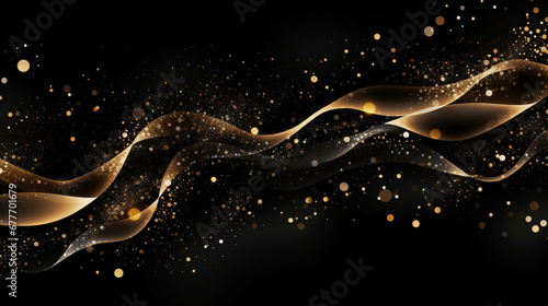 Particules scintillantes et brillantes volant sur fond sombre, noir. Lumière orangée, paillettes dorées et flou. Fond pour bannière, création graphique. photo