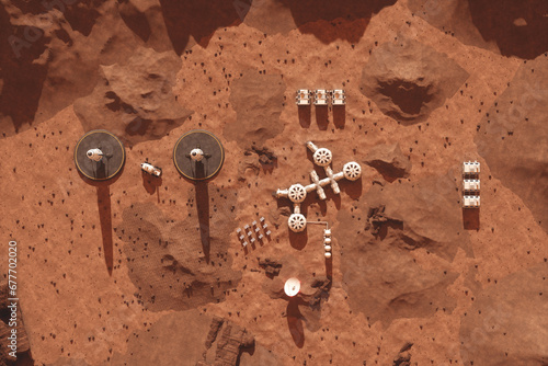 Fototapeta Naklejka Na Ścianę i Meble -  Colonization of Mars, Martian surface and human base, building a colony on Mars, top view. Conquering new horizons in space, thermoforming of Mars. 3D image, 3D illustration.