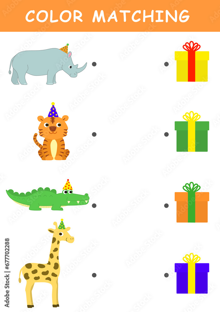 Fototapeta premium Color matching game for preschool kids. Color Matching Activities for Toddlers. Fun puzzle with cute animals illustration. Color matching worksheet for children.