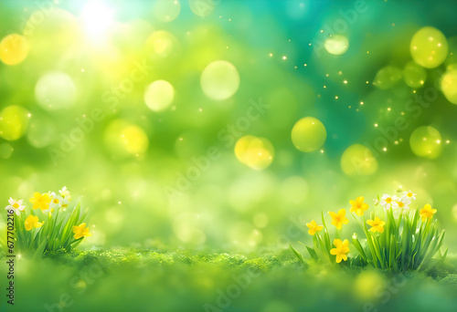 Spring background. Abstract bright spring or summer landscape texture with natural green yellow bokeh lights of the sun. Spring or summer background