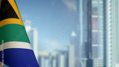 flag of South Africa on modern city architecture bokeh background for state holiday - abstract 3D illustration