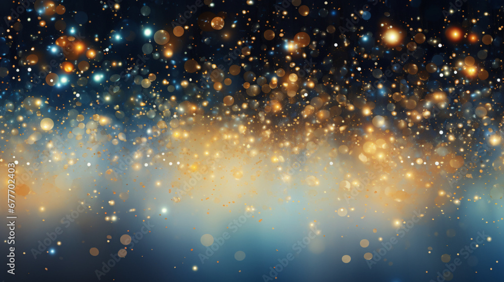 Fototapeta premium Particules scintillantes et brillantes volant sur fond coloré, lumineux. Lumières, paillettes dorées et flou. Fond pour bannière, création graphique.