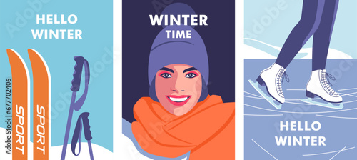 Winter time. Concept of vacation, party and travel. Skis and poles in the snow. Woman hidden eyes by hat and laughs. Woman skates on ice rink. Vector illustration.