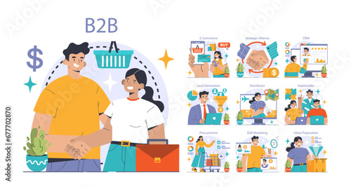 B2B Commerce set. Professionals engaging in online shopping, strategic alliances, CRM, and lead generation. Value proposition, stakeholder interactions. Flat vector illustration