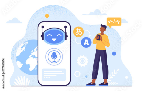 Translator bot concept. Man with smartphone with artificial intellengence, chatbot. Modern technologies and innovations. Virtual assistant and supporter. Cartoon flat vector illustration