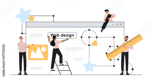 People with UI and UX design concept. Men and women develop mobile brogram or application interface. Programmers and designers. Cartoon flat vector illustration isolated on white background