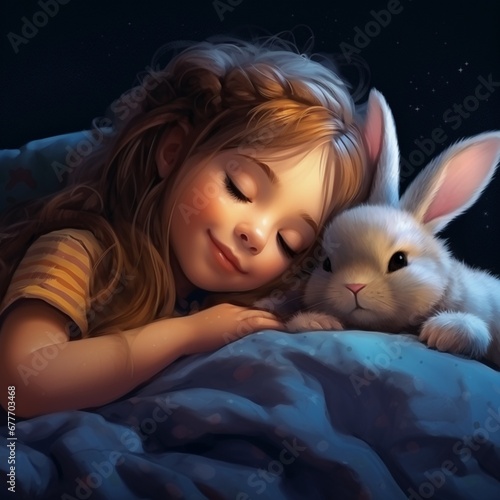 cartoon Little girl sleeping and small rabbit is settin