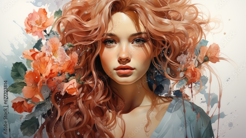  a painting of a woman with long red hair and flowers in her hair, with a blue shirt on and a white background with orange flowers in the foreground.  generative ai