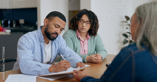 Man, woman and advisor with contract in home for signature, application and insurance form for protection in future. People, couple and determined look for legal agreement with lawyer for guidance