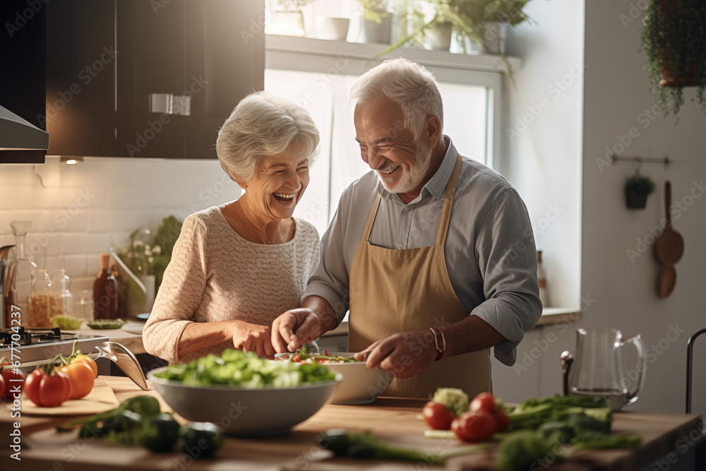 happy elderly couple cooks pasta in the kitchen