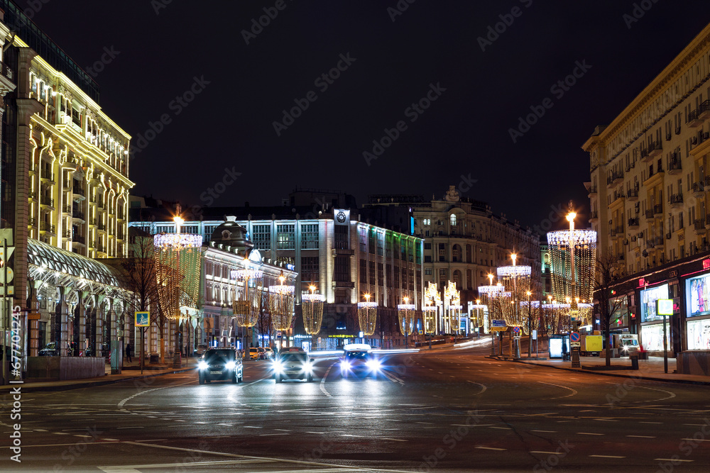 Tverskaya Street on New Year's night, Moscow, Russia