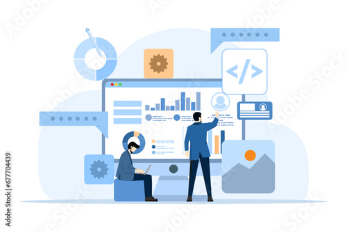 Concept of interface elements and browser window on laptop screen, web design, UI UX, software development, web design, app design, coding, web development flat illustration for landing page.