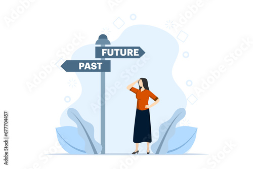 Past and future concept, People's choice between past and future, Business alternatives, Future metaphor, Modern flat cartoon style, Vector illustration on a white background.