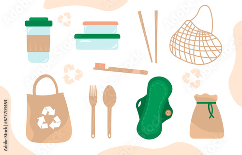 Zero waste set. Recycling and reuse. Care about nature and ecosystem. Menstrual pad, string bag and wooden sticks. Organic containers. Cartoon flat vector collection isolated on white background